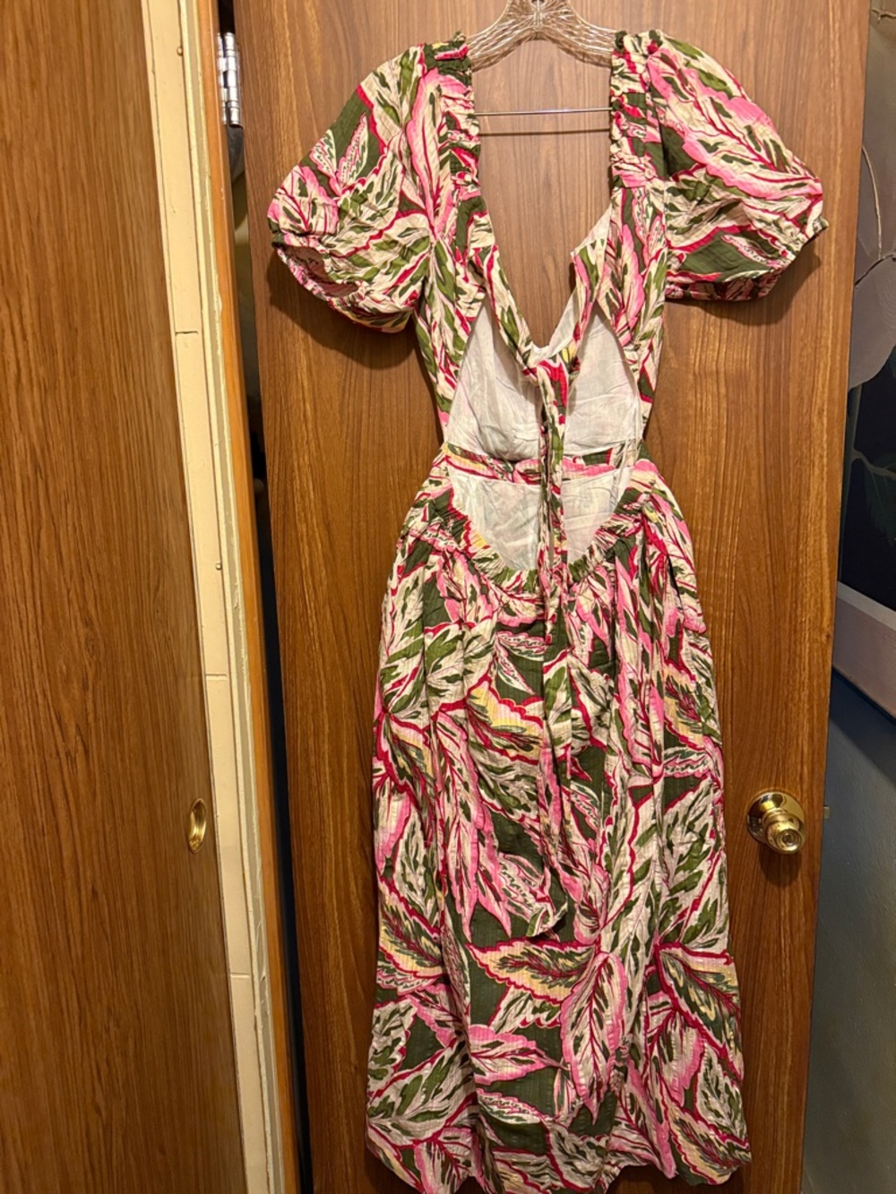 LOFT Pink and Green Leaf-Print Midi Dress